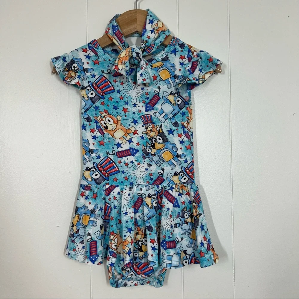 Charlie’s Project Kids Bluey Fireworks Fourth of July Bamboo Twirl Dress & Bow